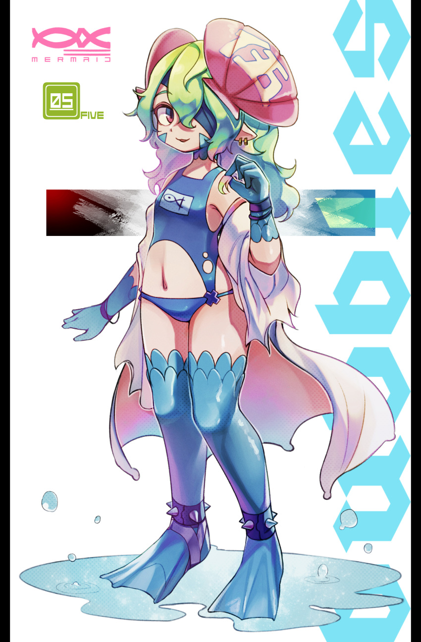 1girl absurdres aqua_gloves big_anteater clothing_cutout earrings full_body gloves green_hair hair_between_eyes hand_up highres jewelry long_hair one-piece_swimsuit one_eye_covered original parted_lips pink_eyes pointy_ears smile solo spiked_anklet standing stomach_cutout swimsuit thigh-highs water