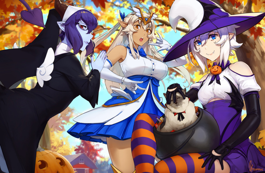 3girls autumn autumn_leaves black_gloves blue_eyes breasts brown_eyes cat clothing_cutout dark_skin demon_horns demon_tail elbow_gloves evelyn_(unsomnus) fangs fangs_out glasses gloves grey_skin hair_between_eyes halloween hat horizontal_stripes horns iliana_(unsomnus) jack-o'-lantern long_hair looking_at_viewer luna_(unsomnus) magical_girl medium_breasts multiple_girls nun original outdoors pointy_ears purple_hair red_eyes short_hair shoulder_cutout small_breasts striped tail thigh-highs unsomnus vampire white_gloves white_hair witch witch_hat