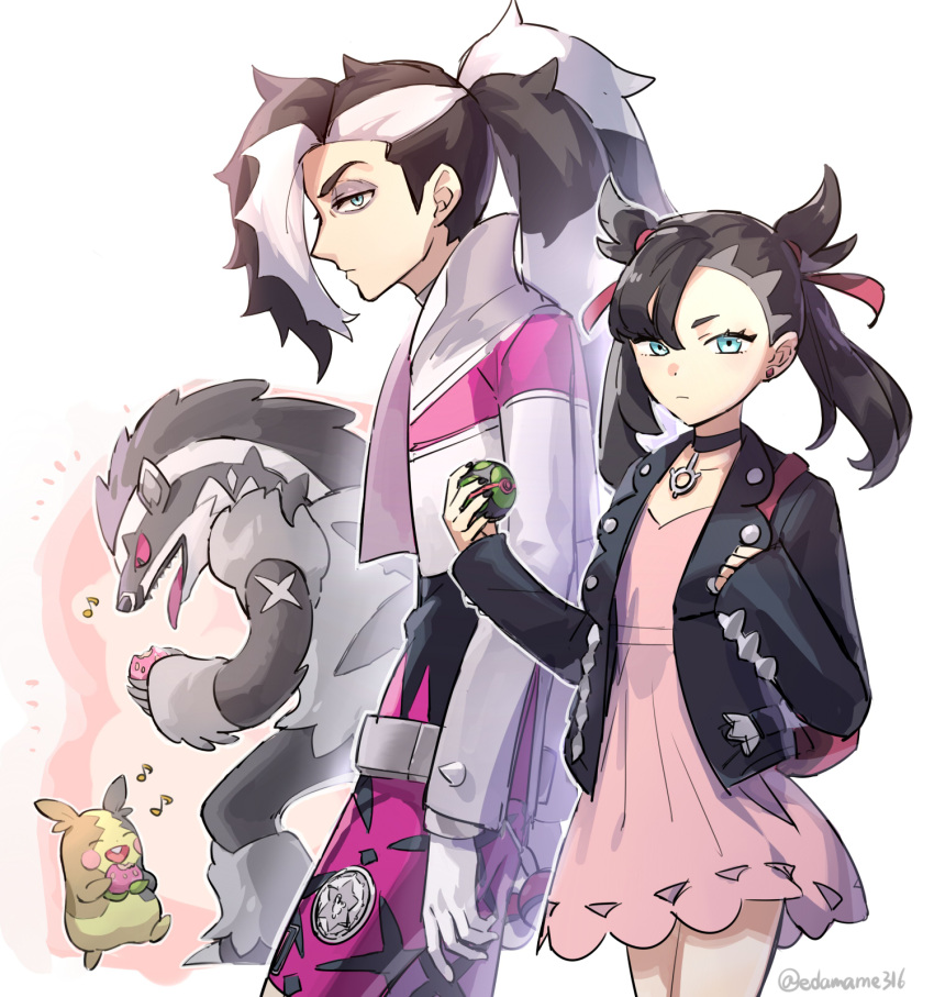 1boy 1girl asymmetrical_bangs bangs belt black_choker black_hair black_jacket blush brother_and_sister choker commentary_request cropped_jacket dress dusk_ball earrings edamameoishii eyeshadow gen_8_pokemon green_eyes gym_leader hair_ribbon highres holding holding_poke_ball jacket jewelry long_hair long_sleeves looking_at_viewer makeup marnie_(pokemon) morpeko morpeko_(full) multicolored_hair musical_note obstagoon open_clothes piers_(pokemon) pink_dress poke_ball pokemon pokemon_(creature) pokemon_(game) pokemon_swsh red_ribbon ribbon siblings two-tone_hair white_jacket