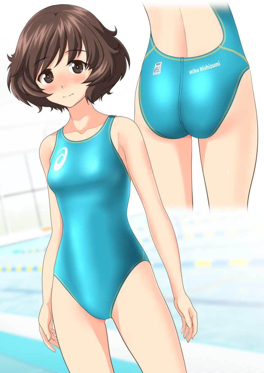 1girl absurdres akiyama_yukari aqua_swimsuit asics ass blurry blush breasts brown_eyes brown_hair clothes_writing commentary_request competition_swimsuit cowboy_shot depth_of_field girls_und_panzer highres logo looking_at_viewer multiple_views nose_blush one-piece_swimsuit pool short_hair small_breasts standing swimsuit takafumi