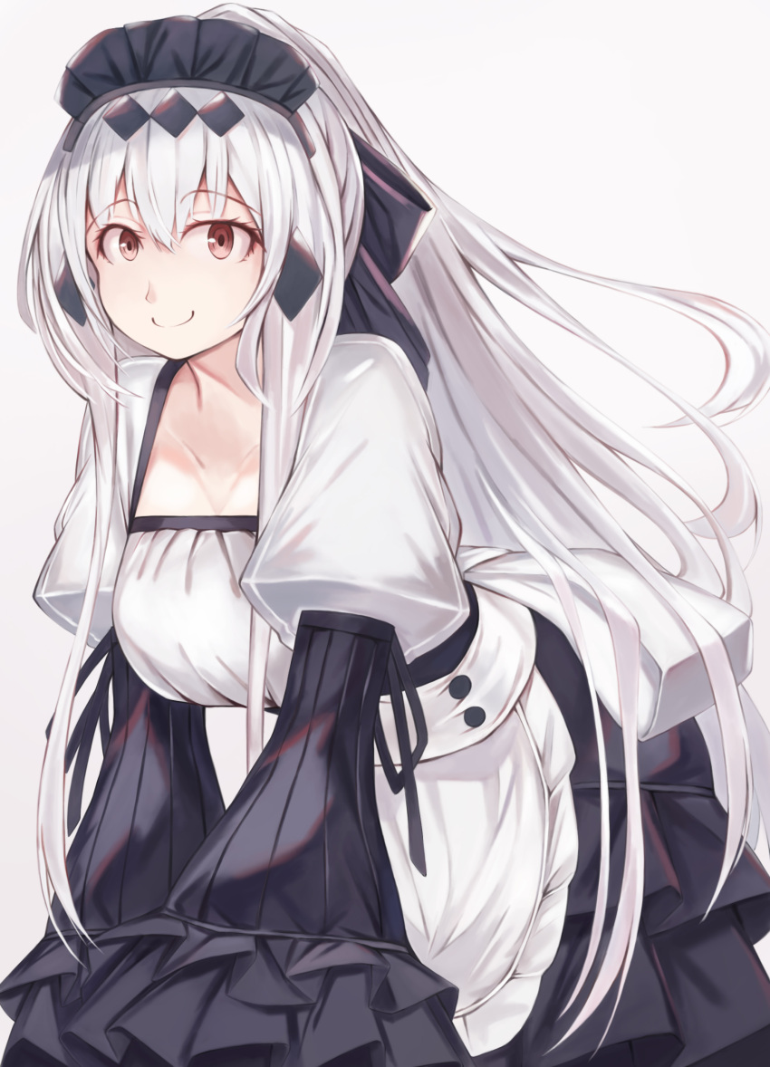 1girl absurdres abyssal_ship aircraft_carrier_water_oni alternate_costume apron beisaku_bei black_dress breasts collarbone dress enmaided frilled_apron frilled_sleeves frills highres kantai_collection large_breasts long_hair long_sleeves maid maid_apron maid_headdress pale_skin red_eyes smile solo very_long_hair waist_apron white_apron white_hair