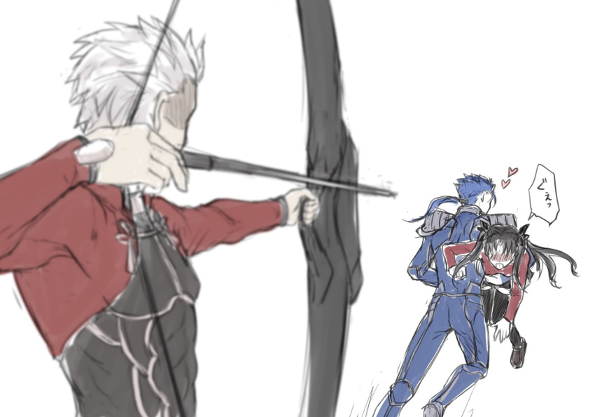 1girl 2boys archer armor arrow_(projectile) bangs black_legwear blue_bodysuit blush bodysuit bow_(weapon) brown_footwear commentary_request cu_chulainn_(fate)_(all) fate/stay_night fate_(series) grey_hair heart highres holding holding_bow_(weapon) holding_weapon lancer long_hair long_sleeves looking_at_another mondi_hl multiple_boys open_mouth ponytail red_shirt running shirt short_hair shoulder_armor shoulder_plates sketch speech_bubble thigh-highs translation_request weapon