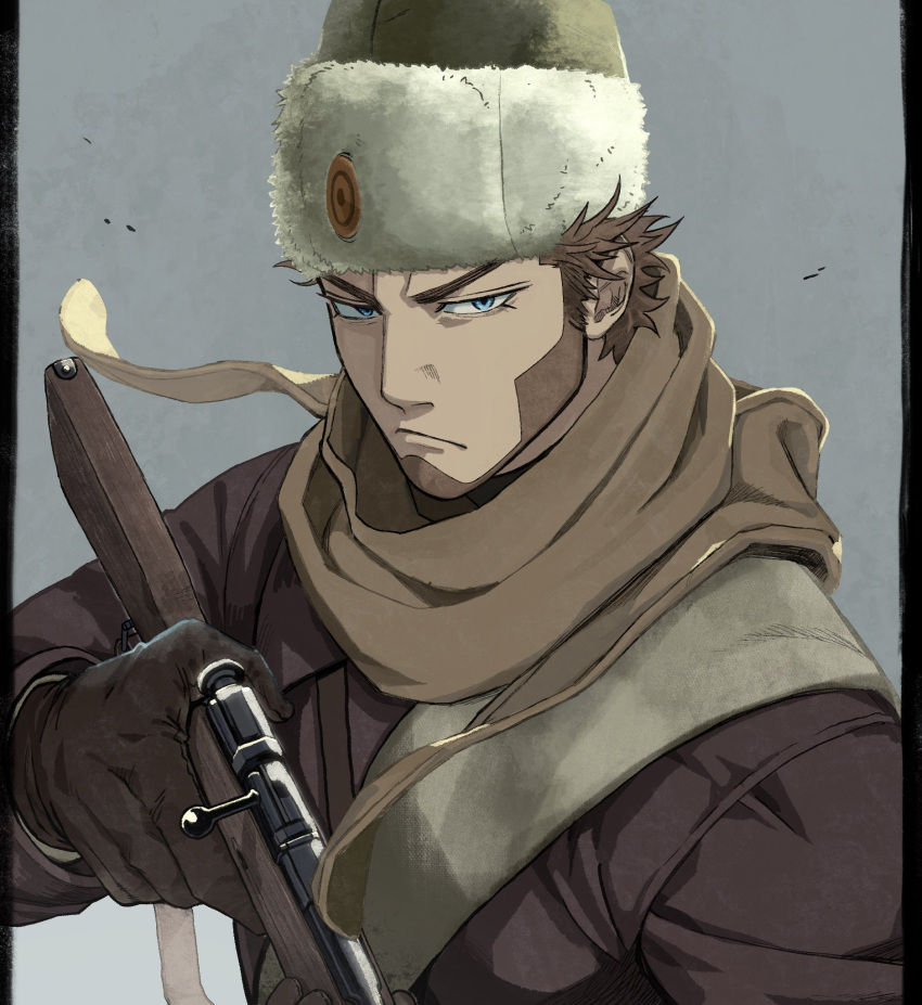 1boy beard blue_eyes bolt_action brown_coat brown_gloves brown_hair brown_scarf closed_mouth coat facial_hair fur_hat gloves golden_kamuy grey_background gun hat highres holding holding_gun holding_weapon long_sleeves looking_at_viewer male_focus mosin-nagant pillarboxed rifle russian_clothes scarf short_hair sideburns simple_background sling solo tonta_(tonta1231) tsurime upper_body ushanka v-shaped_eyebrows vasily_(golden_kamuy) weapon white_headwear winter_clothes