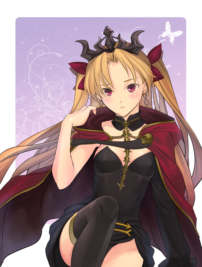 1girl asymmetrical_long_sleeves between_breasts black_choker black_legwear black_leotard blonde_hair border bow breasts cape choker closed_mouth diadem earrings ereshkigal_(fate/grand_order) fate/grand_order fate_(series) floating_hair frown hair_bow hair_intakes highres jewelry leotard long_hair looking_at_viewer outside_border purple_background red_bow red_cape red_eyes ri-ko single_sleeve sitting small_breasts solo strapless strapless_leotard thigh-highs twintails very_long_hair white_border