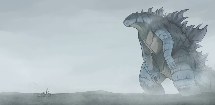 boat chopchopguy fog godzilla godzilla_(series) green_eyes highres kaijuu looking_ahead no_humans ocean open_hand open_mouth solo_focus watercraft