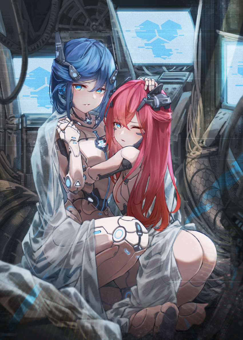 2girls absurdres android ass blue_eyes blue_hair commentary_request computer cyberpunk eyebrows_visible_through_hair hand_on_another's_head highres joints kneeling long_hair looking_at_viewer monitor multiple_girls one_eye_closed original parted_lips redhead robot_joints see-through siblings sisters taiu