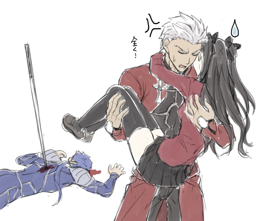 1girl 2boys archer armor arms_around_neck black_legwear black_ribbon black_skirt blood blue_bodysuit blue_hair bodysuit brown_footwear brown_hair carrying commentary_request cu_chulainn_(fate)_(all) fate/stay_night fate_(series) grey_hair hair_ribbon holding jacket lancer long_hair long_sleeves lying mondi_hl multiple_boys on_stomach pleated_skirt princess_carry red_jacket red_shirt ribbon shirt shoes short_hair shoulder_armor simple_background sketch skirt thigh-highs tohsaka_rin two_side_up watch watch white_background white_hair