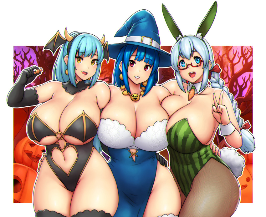 3girls animal_ears black_gloves black_legwear blue_eyes breasts bunny_girl curvy demon_girl demon_horns elbow_gloves erkaz fake_animal_ears fake_horns fake_wings fang gloves green_leotard halloween halloween_costume hat head_wings highres horns huge_breasts inchou_(kaitsu_tokiyas) jack-o'-lantern leotard lips medium_hair multiple_girls original pantyhose ponytail pumpkin rabbit_ears ran_(kaitofuuma) red_eyes revealing_clothes rina_atherina watashi_no_inchou_desu!! wings witch witch_hat yellow_eyes