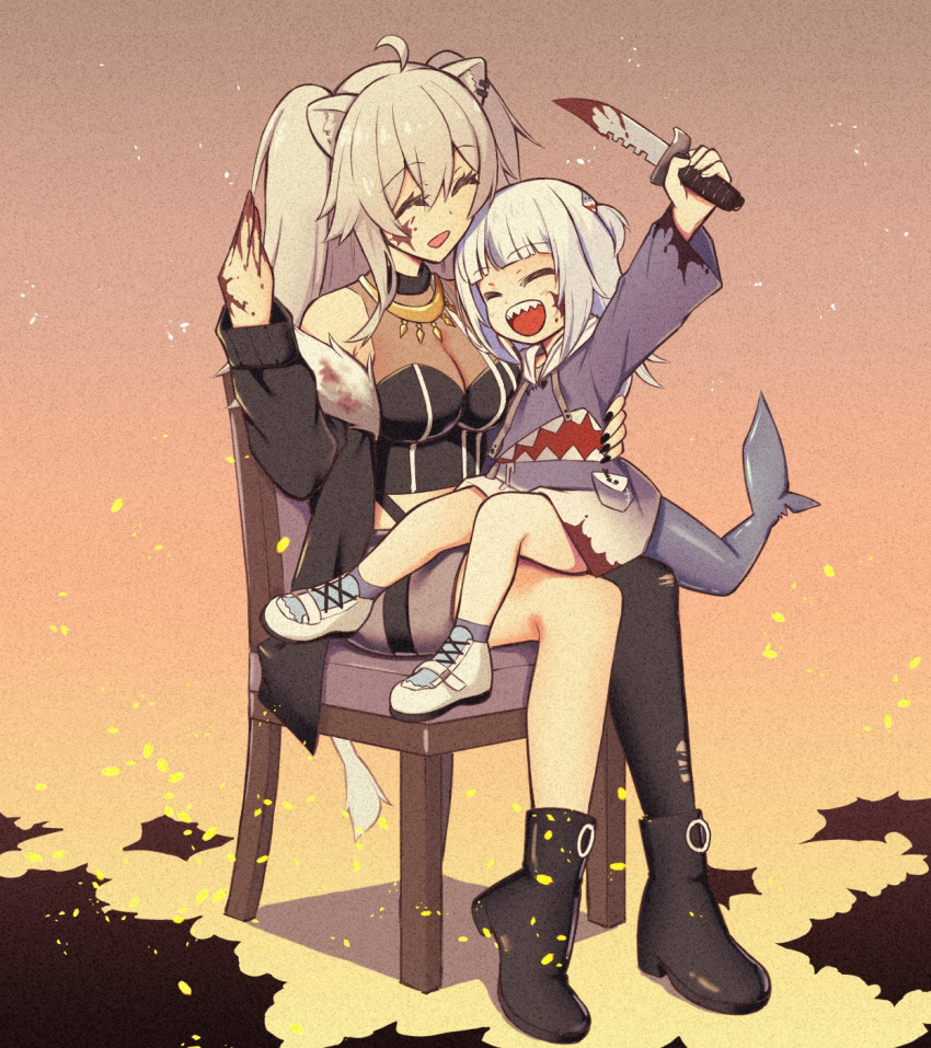 2girls ^_^ blood blood_on_face bloody_clothes bloody_hands bloody_knife bloody_weapon carrying chair closed_eyes embers film_grain full_body gawr_gura highres holding holding_knife holding_weapon hololive hololive_english knife lion_girl matsubara_tsuyoshi multiple_girls on_chair shark_girl shark_tail shishiro_botan sitting sitting_on_lap sitting_on_person size_difference smile tail virtual_youtuber weapon