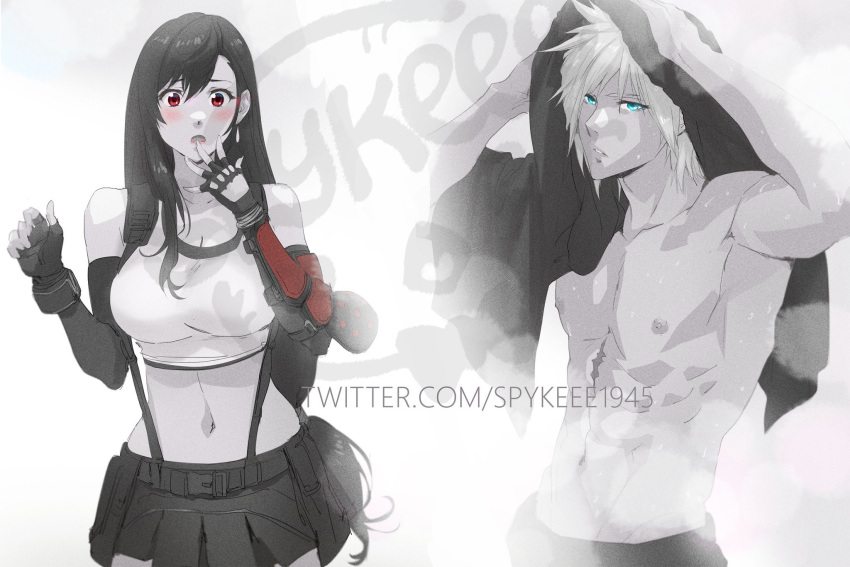 1boy 1girl after_bathing aroused artist_name black_hair black_towel blonde_hair blue_eyes blush breasts chest_scar cloud_strife final_fantasy final_fantasy_vii final_fantasy_vii_remake highres large_breasts long_hair looking_at_another looking_to_the_side midriff monochrome muscle navel no_shirt open_mouth red_eyes scar skirt spiky_hair sports_bra spykeee1945 suspenders tank_top tifa_lockhart towel walk-in watermark white_background