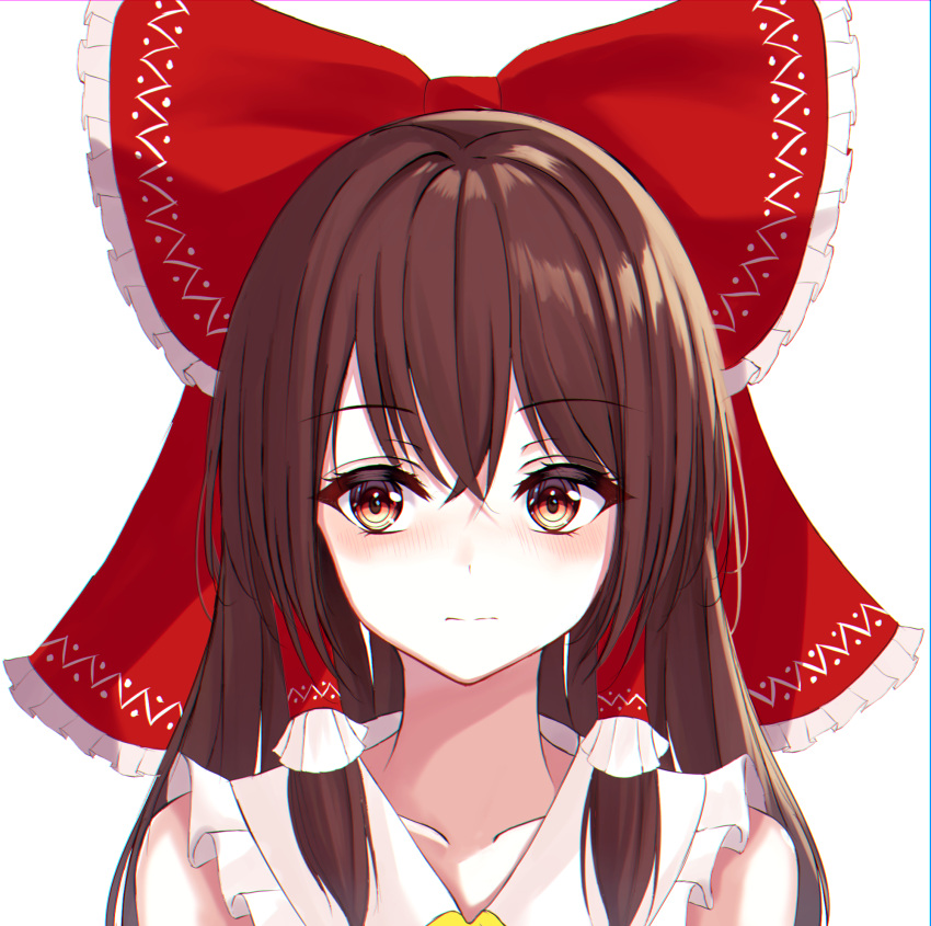 1girl bangs bare_shoulders blush bow brown_eyes brown_hair closed_mouth collarbone commentary_request crossed_bangs eyebrows_visible_through_hair hair_bow hair_tubes hakurei_reimu highres kure:kuroha long_hair looking_to_the_side portrait red_bow simple_background solo touhou white_background yellow_neckwear