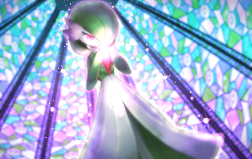 commentary_request from_below gardevoir gen_3_pokemon glowing hands_together head_down pink_eyes pokemon pokemon_(creature) poket_mkrn solo sparkle stained_glass