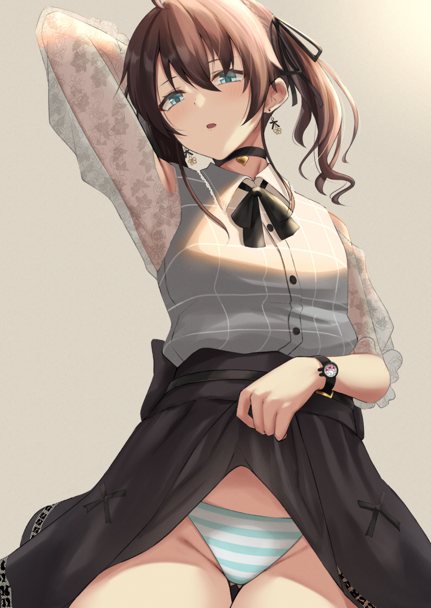 1girl ahoge arm_behind_head arm_up black_bow black_choker black_neckwear black_skirt blouse blue_eyes blue_panties bow bowtie brown_hair choker collar ear earrings grey_blouse grey_collar hair_bow highres holding holding_clothes holding_skirt hololive jewelry natsuiro_matsuri panties see-through_sleeves simple_background skirt skirt_lift solo standing striped striped_panties thigh_gap underwear watch watch yamikyon