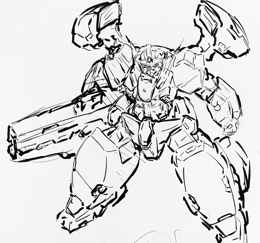 clenched_hand gun gundam gundam_00 gundam_virtue highres holding holding_gun holding_weapon looking_down mecha monochrome no_humans sa/tsu/ki shoulder_cannon sketch solo v-fin weapon