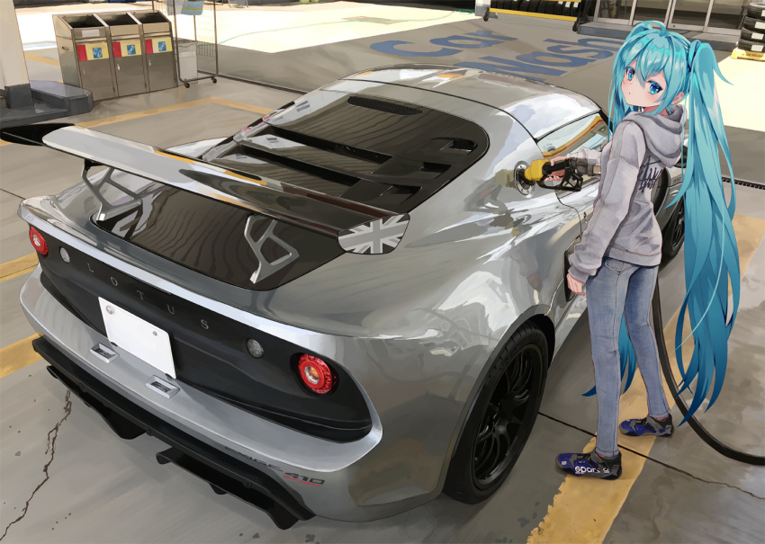 1girl alternate_costume black_footwear blue_eyes blue_hair blush car casual closed_mouth clothes_writing day denim from_side full_body gas_station grey_hoodie ground_vehicle hatsune_miku hood hood_down hoodie jeans long_hair long_sleeves looking_at_viewer looking_to_the_side lotus_(brand) motor_vehicle outdoors pants reflection solo standing takepon1123 twintails union_jack very_long_hair vocaloid