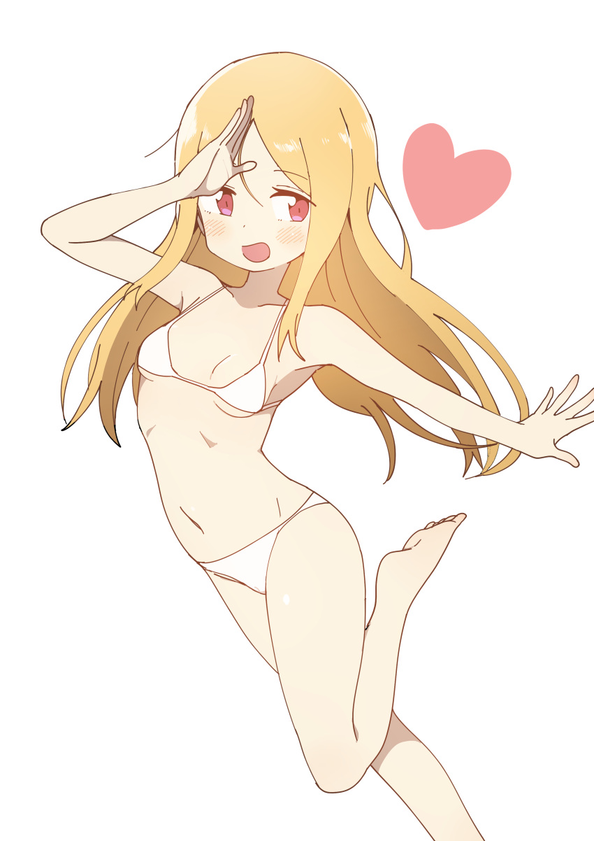 1girl absurdres bikini blonde_hair blush breasts bural_chingu hair_between_eyes heart highres lee_ji-min leg_up looking_at_viewer luke_(dydansgur) navel open_mouth red_eyes simple_background small_breasts smile swimsuit white_background