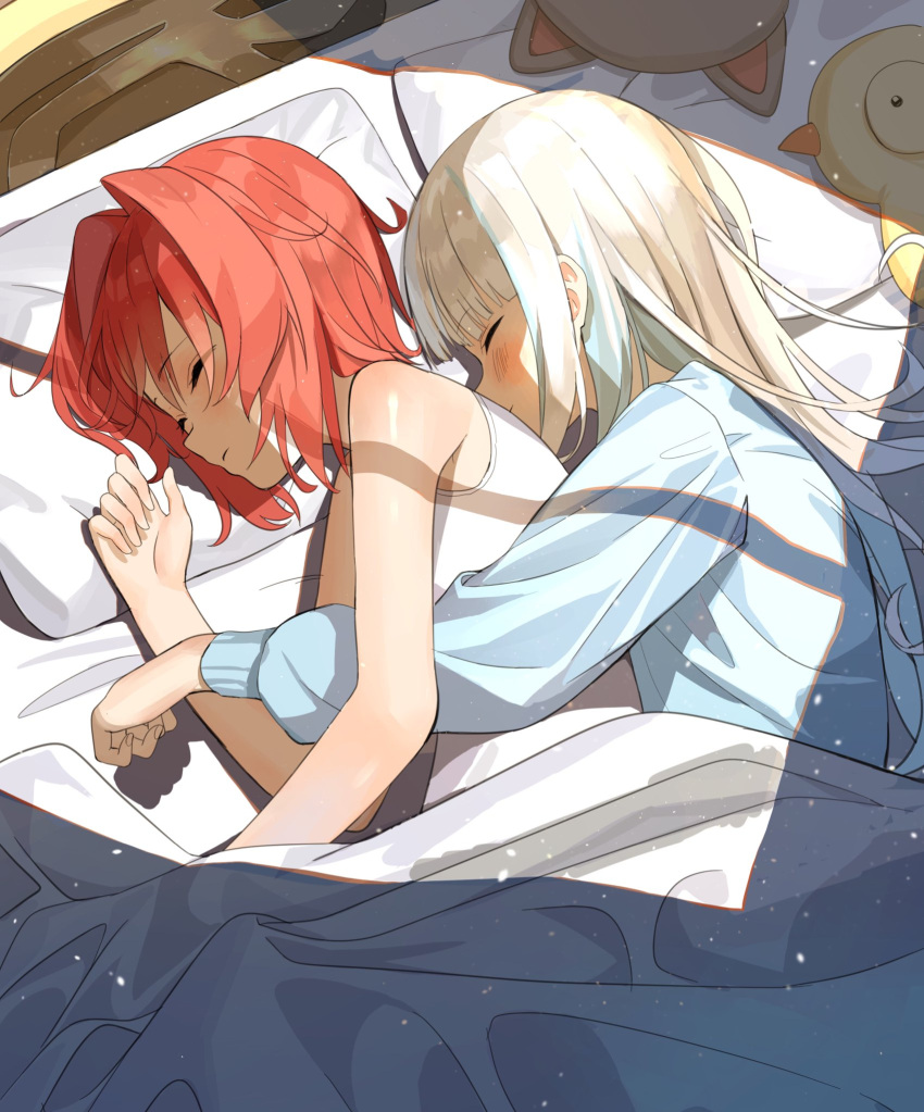 2girls ange_katrina bangs bare_arms bare_shoulders bed blanket blonde_hair blush closed_eyes commentary_request from_above from_side hair_ornament highres hug hug_from_behind indoors lize_helesta long_hair long_sleeves lying multiple_girls nijisanji on_bed on_side pillow redhead sen_(sennosenn1127) shadow shirt short_hair sleeping spooning stuffed_toy sunlight tank_top under_covers virtual_youtuber yuri