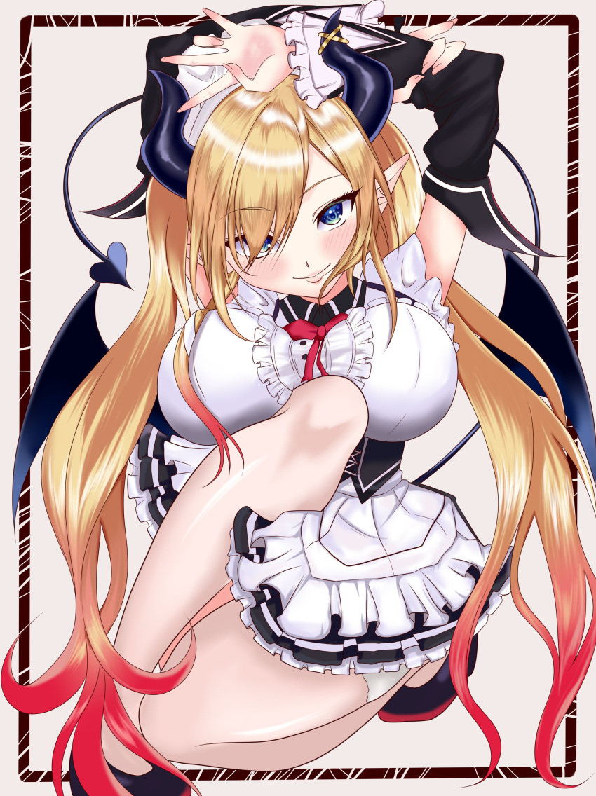 1girl absurdres alternate_costume arms_up beige_background black_border black_footwear black_sleeves blonde_hair blue_eyes border breasts bustier colored_tips commentary_request demon_horns demon_tail demon_wings detached_sleeves enmaided frilled_sleeves frills full_body highres hololive horns kamiesisyanon knee_up kneeling large_breasts legs lips long_hair looking_at_viewer maid maid_headdress pointy_ears simple_background solo tail tsurime very_long_hair wings wrist_grab yuzuki_choco