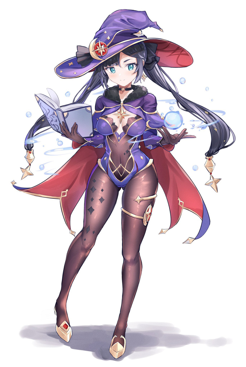 1girl anklet ass_visible_through_thighs black_choker black_hair blue_eyes book breasts brown_gloves brown_legwear cape choker fine_fabric_emphasis full_body genshin_impact gloves gu_luco hat highres holding jewelry leotard long_hair looking_at_viewer medium_breasts mona_(genshin_impact) orb pantyhose purple_headwear purple_leotard shoes simple_background smile solo twintails very_long_hair water white_background witch_hat