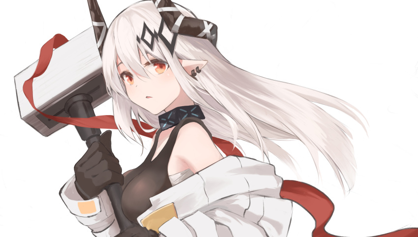 1girl arknights bangs bare_shoulders breasts earrings hair_between_eyes hammer highres holding holding_hammer holding_weapon horns jewelry kashiyarrm large_breasts long_hair looking_at_viewer mudrock_(arknights) off_shoulder parted_lips pointy_ears red_eyes sarashi silver_hair simple_background solo upper_body weapon white_background