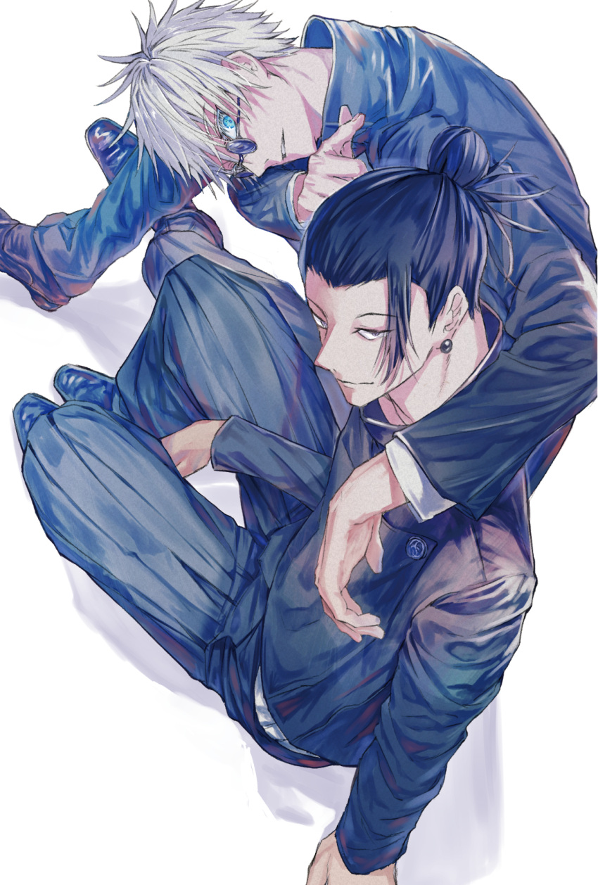 2boys arm_around_shoulder bangs black_eyes black_footwear black_hair black_jacket black_pants blue_eyes closed_mouth ear_piercing full_body getou_suguru glasses gojou_satoru hair_bun high_collar highres jacket jujutsu_kaisen knees_up long_sleeves looking_at_viewer male_focus multiple_boys nun_nun_maru one_knee pants piercing pointing school_uniform shoes short_hair simple_background sitting white_background white_hair