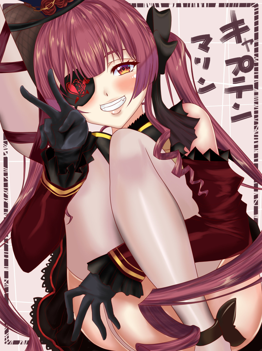 1girl absurdres ankle_bow black_border black_gloves black_skirt blush border bow brown_eyes detached_sleeves drill_locks eyepatch fang garter_straps gloves grin hat highres hololive houshou_marine kamiesisyanon leg_hold leg_up lips long_hair looking_at_viewer red_eyes redhead ringlets skirt smile solo tan_background thigh-highs translated twintails v very_long_hair white_legwear