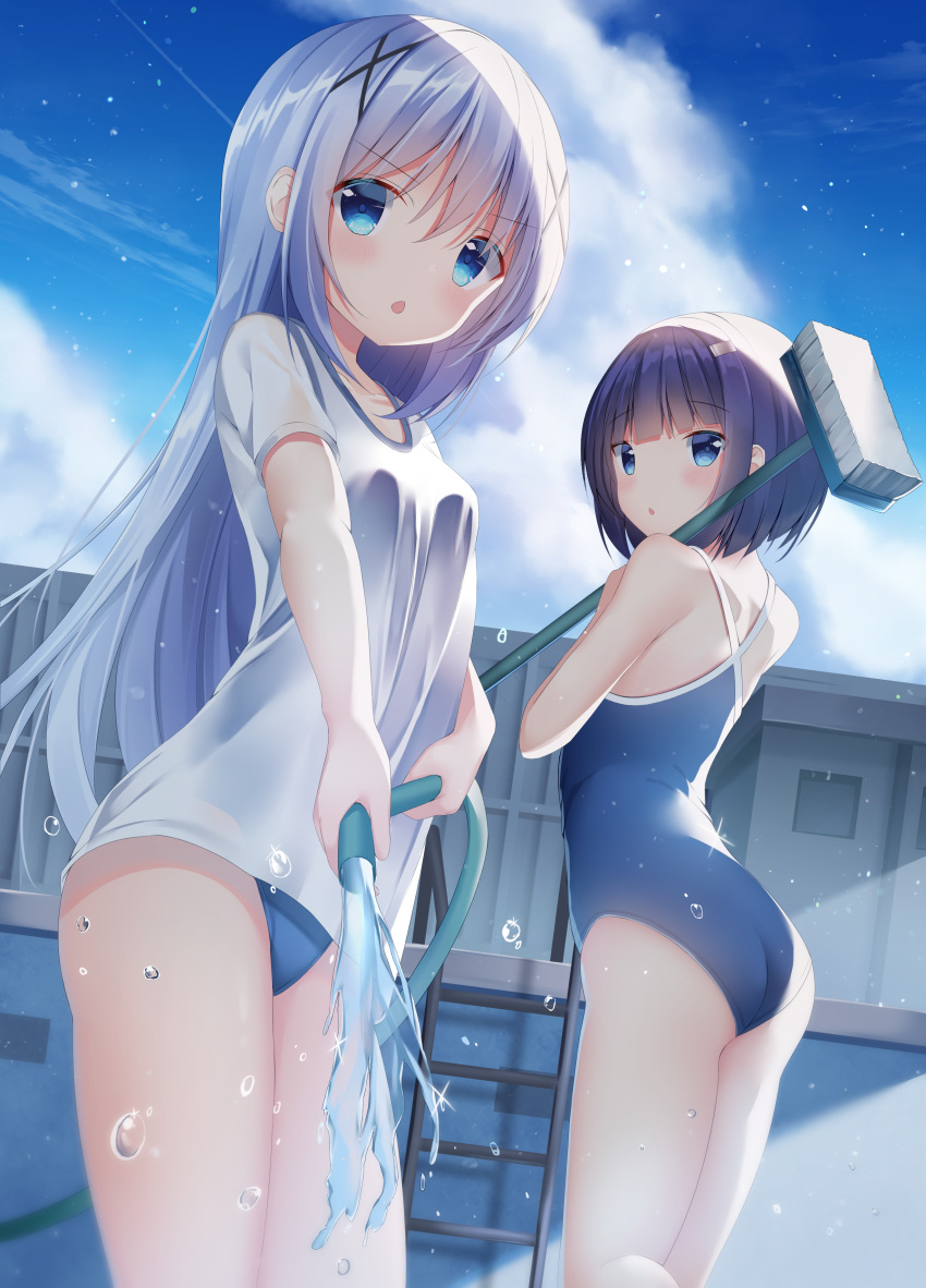 2girls :o absurdres ass bangs bare_arms bare_shoulders blue_eyes blue_hair blue_sky blue_swimsuit blush breasts broom building clouds competition_school_swimsuit day eyebrows_visible_through_hair fuiba_fuyu gochuumon_wa_usagi_desu_ka? hair_between_eyes hair_ornament highres holding holding_broom hose kafuu_chino ladder long_hair multiple_girls one-piece_swimsuit outdoors parted_lips pizzzica purple_hair shirt short_sleeves sky small_breasts standing swimsuit swimsuit_under_clothes very_long_hair water white_shirt x_hair_ornament