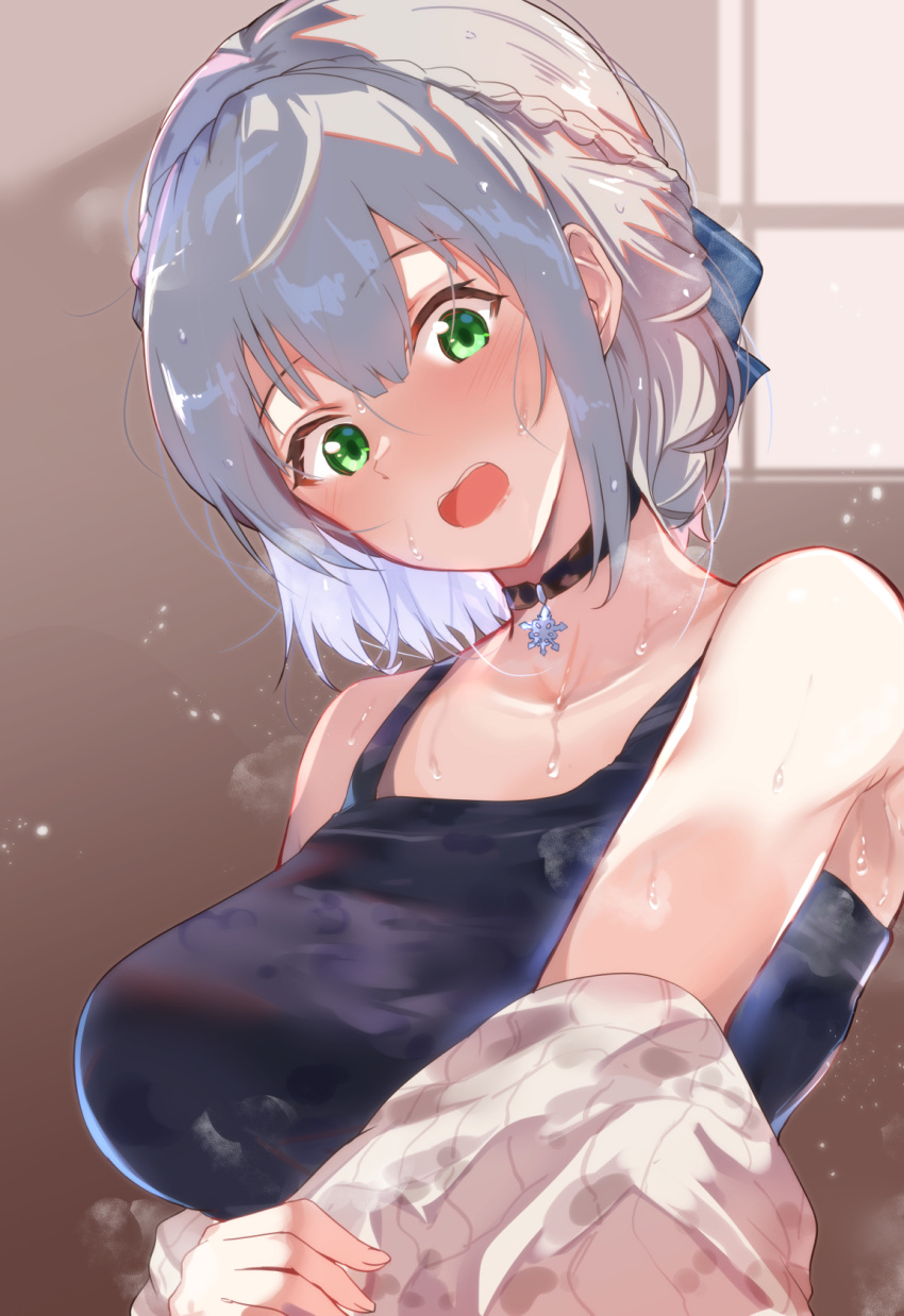 1girl arito_arayuru black_choker black_tank_top blush braid breasts choker commentary eyebrows_visible_through_hair green_eyes hair_between_eyes hair_ribbon highres hololive hot indoors large_breasts looking_down open_mouth ribbon shirogane_noel short_hair silver_hair snowflake_choker solo steaming_body sweat sweater tank_top undressing upper_body virtual_youtuber white_sweater