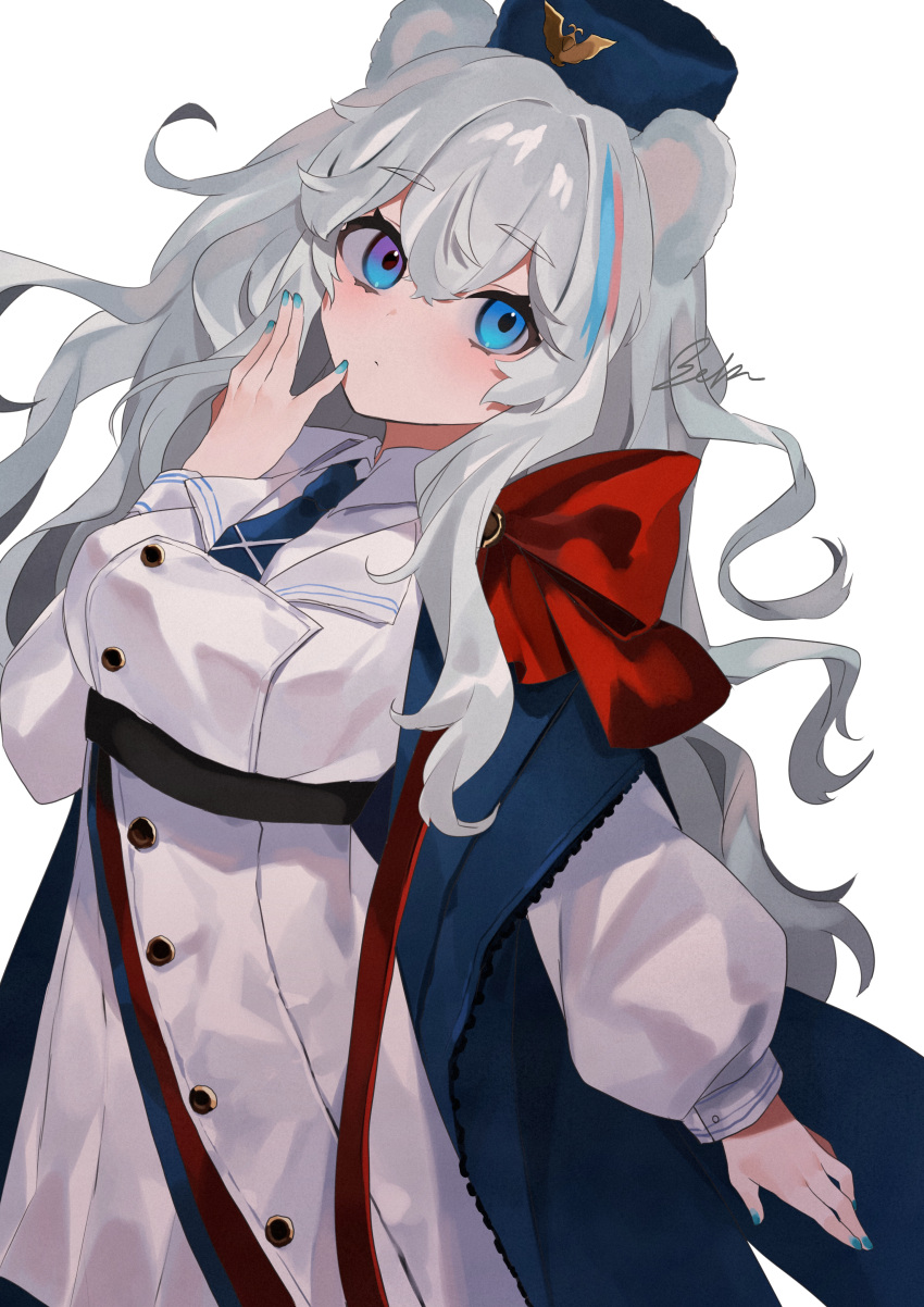1girl absurdres animal_ears arknights bear_ears bear_girl bebe_pp blue_eyes blue_headwear blue_jacket blue_nails blue_neckwear blush bow coat commentary eyebrows_visible_through_hair hand_on_own_face hat heterochromia highres jacket looking_at_viewer multicolored_hair nail_polish necktie red_bow rosa_(arknights) signature simple_background solo streaked_hair uniform ursus_empire_logo violet_eyes white_background white_coat zipper