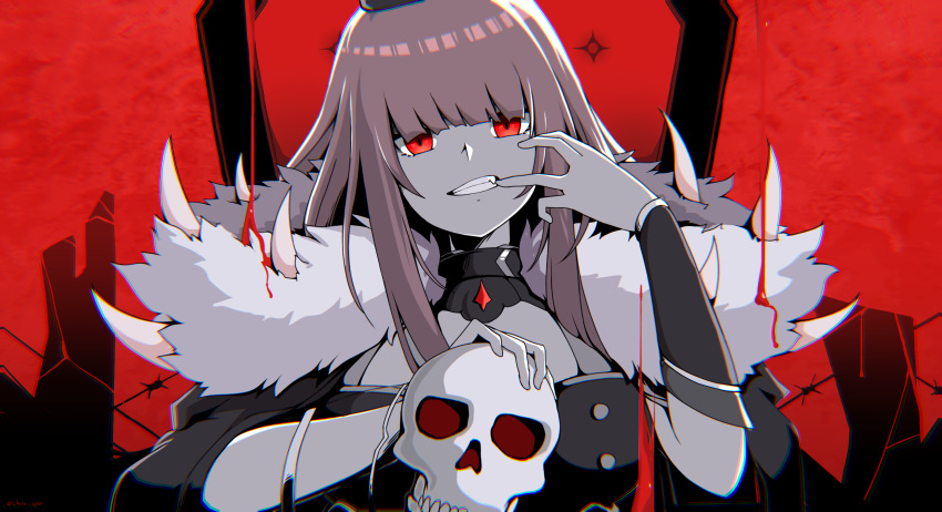 1girl bangs chain's fang highres holding holding_skull hololive hololive_english king_(vocaloid) looking_at_viewer mori_calliope mouth_pull parody red_eyes skull solo virtual_youtuber