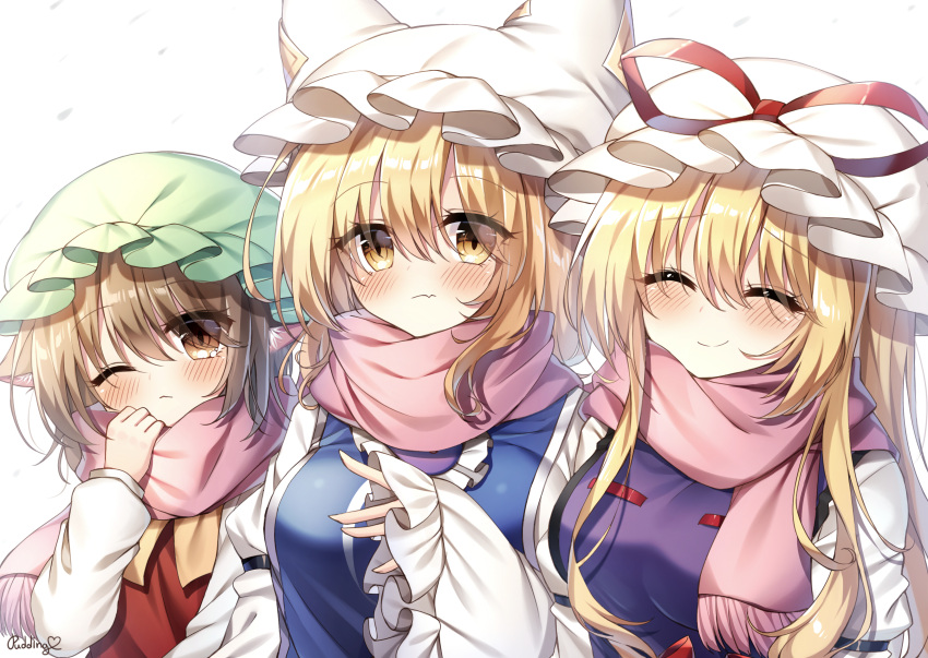 3girls ;&lt; absurdres animal_ears blonde_hair blush breasts brown_eyes brown_hair cat_ears chen closed_eyes closed_mouth commentary_request eyebrows_visible_through_hair eyes_visible_through_hair fang flat_chest green_headwear hand_on_own_face hat hat_ribbon highres juliet_sleeves large_breasts long_hair long_sleeves looking_at_viewer medium_breasts medium_hair mob_cap multiple_girls one_eye_closed pink_scarf pudding_(skymint_028) puffy_sleeves red_ribbon ribbon scarf short_hair signature simple_background skin_fang sleeves_past_wrists slit_pupils smile tabard touhou upper_body white_background white_headwear wide_sleeves yakumo_ran yakumo_yukari yellow_eyes yellow_neckwear