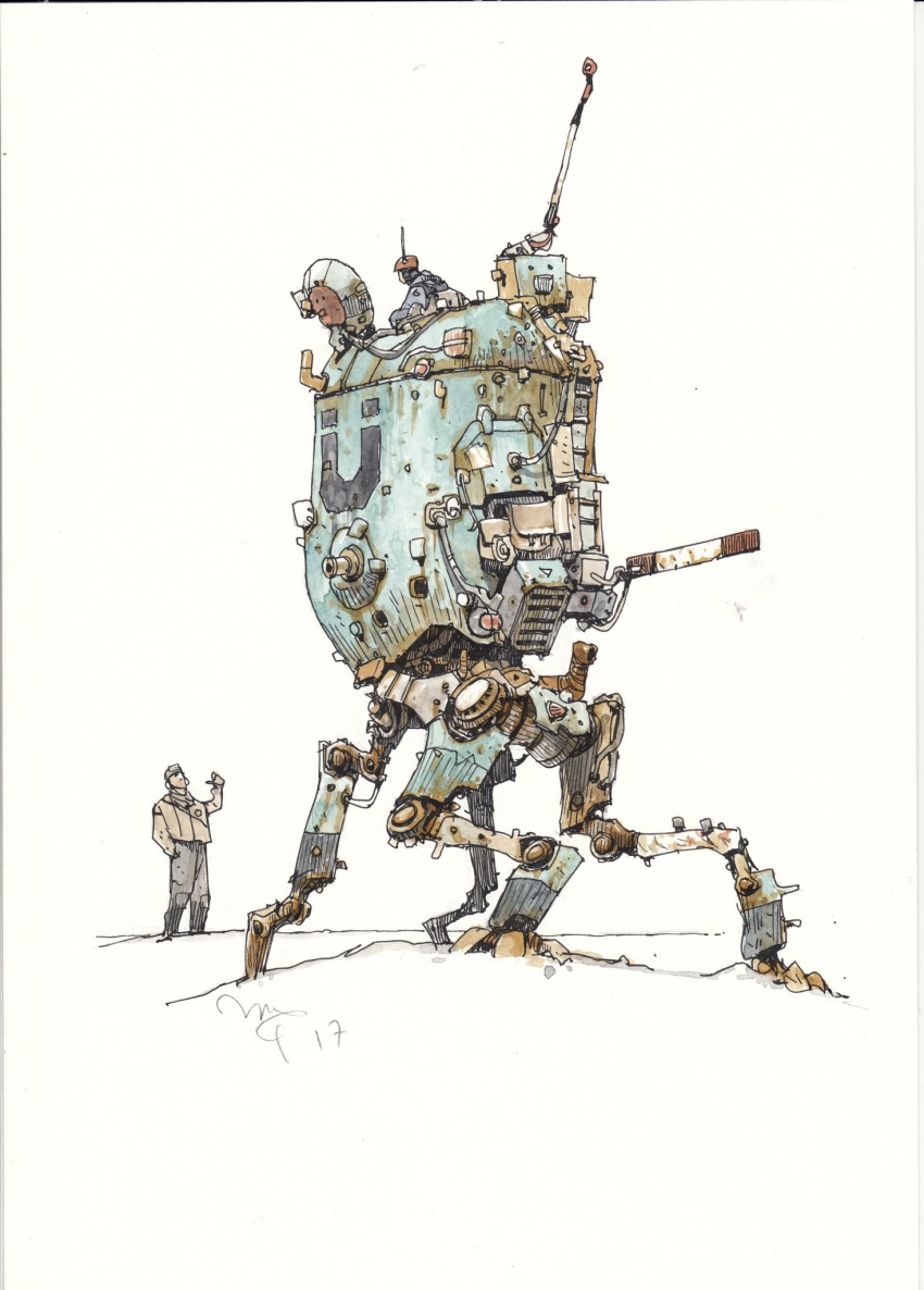 2boys extra_legs faceless faceless_male helmet highres ian_mcque mecha multiple_boys original pointing radio_antenna rust science_fiction walking