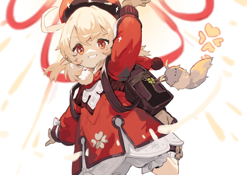 1girl absurdres ahoge arm_up backpack bag bangs blonde_hair blush boots brown_gloves charm_(object) clover dress four-leaf_clover genshin_impact gloves grin hair_between_eyes highres klee_(genshin_impact) long_hair long_sleeves pointy_ears red_dress red_eyes sh_(562835932) simple_background smile solo sparkle sparkling_eyes white_background