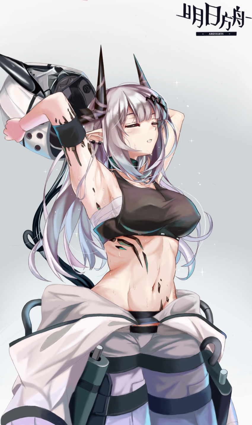 1girl absurdres arknights armband armpits arms_up bangs bare_arms bare_shoulders breasts brz closed_eyes commentary copyright_name cowboy_shot crop_top grey_background grey_pants highres horns large_breasts long_hair midriff mudrock_(arknights) navel oripathy_lesion_(arknights) pants parted_lips sarashi silver_hair solo sports_bra standing stomach sweat symbol_commentary
