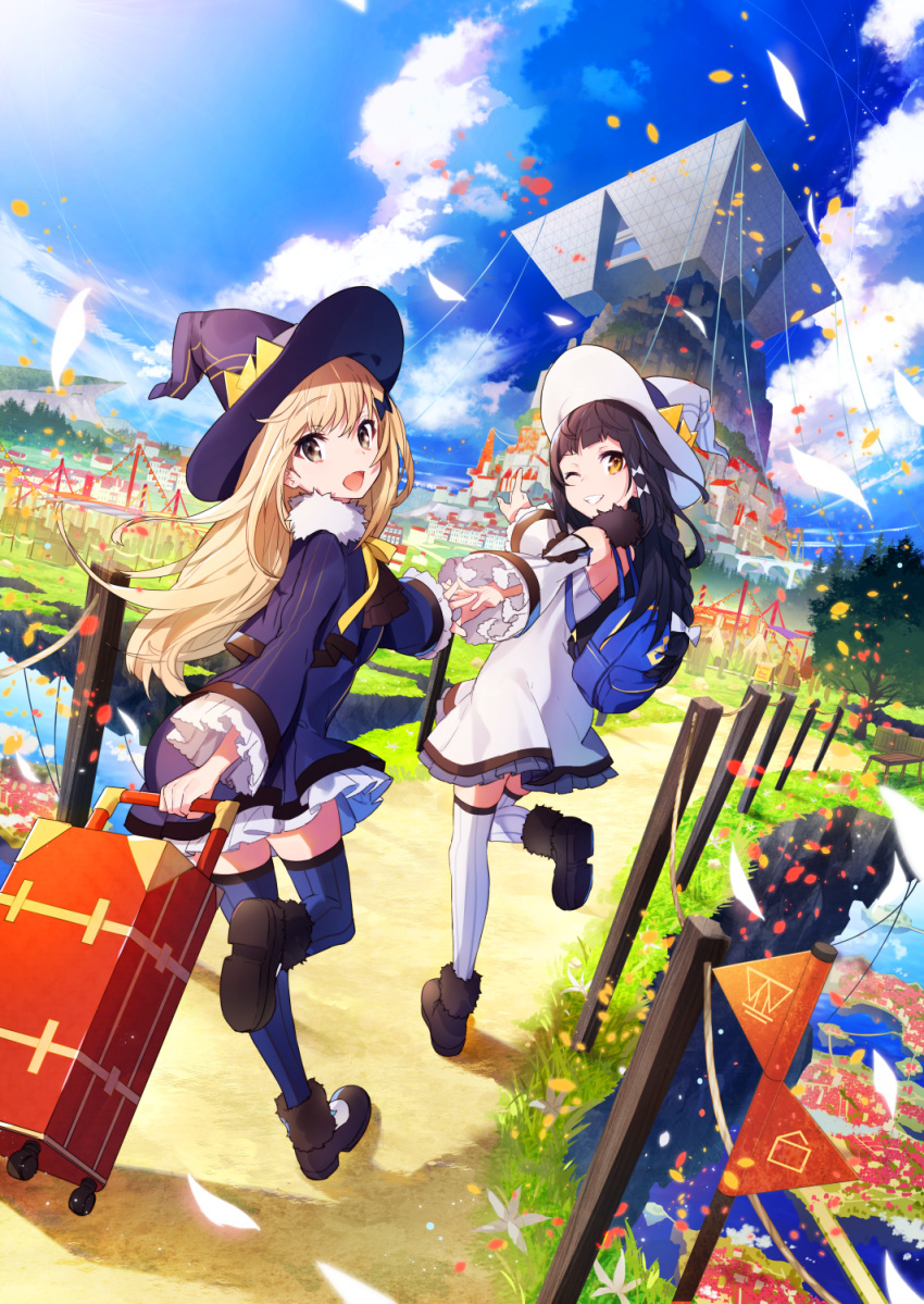 2girls backpack bag bangs black_hair blonde_hair blue_legwear blue_sky boots braid brown_eyes city clouds cloudy_sky day detached_sleeves dress fur_trim grin hair_between_eyes hat highres long_hair looking_at_viewer mika_pikazo multiple_girls official_art one_eye_closed open_mouth original outdoors sky smile standing standing_on_one_leg thigh-highs tokyo_big_sight tree white_legwear witch_hat