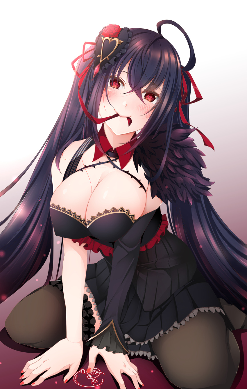 1girl absurdres asymmetrical_legwear asymmetrical_sleeves azur_lane black_dress black_hair breasts detached_sleeves dress frills hair_ornament highres large_breasts light_brown_hair long_hair mouth_hold origami_aya pantyhose red_eyes red_nails red_ribbon ribbon ribbon_in_mouth short_dress simple_background single_sleeve single_thighhigh solo strapless strapless_dress symbol-shaped_pupils taihou_(azur_lane) taihou_(muse)_(azur_lane) thigh-highs very_long_hair