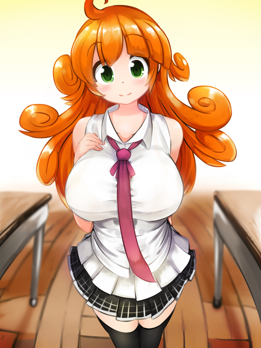 breast_suppress breasts classroom collarbone curly_hair desk green_eyes highres indoors kai_(nyanko_daisensou) large_breasts looking_at_viewer necktie nyanko_daisensou orange_hair pleated_skirt school_desk shirt skirt sleeveless sleeveless_shirt smile twin-7646 uniform wooden_floor
