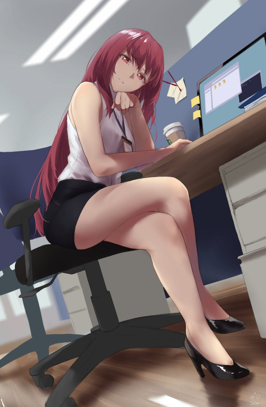1girl bangs bare_shoulders black_skirt blush breasts chair coffee_cup collared_shirt crossed_legs cup den_(kur0_yuki) desk disposable_cup fate/grand_order fate_(series) high_heels highres large_breasts legs long_hair looking_at_viewer monitor office_lady pencil_skirt purple_hair red_eyes scathach_(fate)_(all) scathach_(fate/grand_order) shirt sitting skirt sleeveless sleeveless_shirt white_shirt