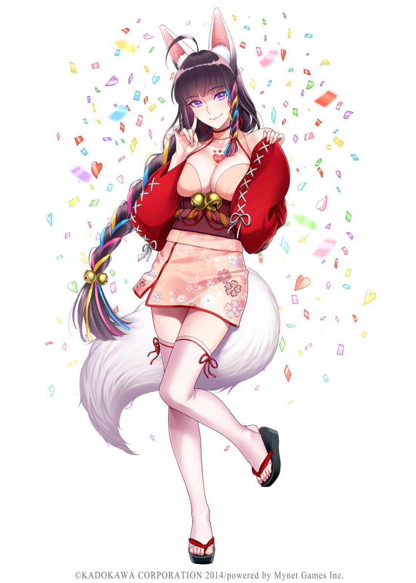 ahoge animal_ear_fluff anniversary bangs bare_shoulders bell black_hair body_writing braid breast_squeeze breasts chimachi confetti cosplay eyebrows_visible_through_hair fox_girl full_body heart highres japanese_clothes jingle_bell kimono kuzunoha_(youkai_hyakki-tan!) large_breasts long_braid long_hair long_sleeves miniskirt multicolored_hair nekomata_(youkai_hyakki-tan!) nekomata_(youkai_hyakki-tan!)_(cosplay) obi official_art pink_kimono pink_skirt red_sleeves ribbon-trimmed_legwear ribbon_trim sash side_slit single_braid skirt smile standing standing_on_one_leg stirrup_legwear tabi thigh-highs toeless_legwear very_long_hair violet_eyes white_legwear wide_sleeves youkai_hyakki-tan! zettai_ryouiki