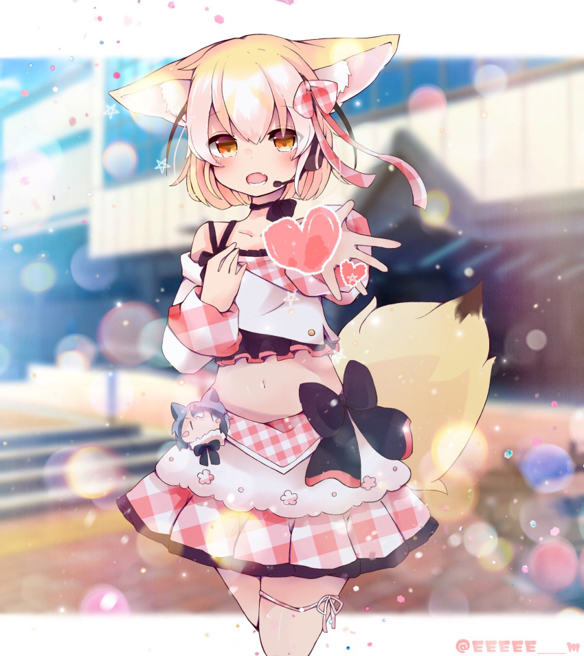 1girl alternate_costume animal_ear_fluff animal_ears bangs black_choker blonde_hair blurry blurry_background blush bob_cut bokeh bow bow_skirt character_doll choker clothing_cutout commentary common_raccoon_(kemono_friends) cowboy_shot day depth_of_field eeeee_m fang fennec_(kemono_friends) fox_ears fox_tail hair_bow hand_on_own_chest headset heart highres idol kemono_friends lens_flare light_frown light_particles long_sleeves looking_at_viewer midriff navel open_mouth orange_eyes outdoors outside_border pink_bow pink_ribbon pink_shirt pink_skirt plaid plaid_shirt plaid_skirt pleated_skirt ribbon shirt short_hair shoulder_cutout skin_fang skirt solo star_(symbol) sweatdrop tail thigh_ribbon twitter_username