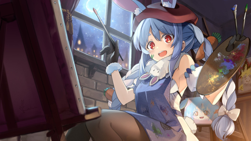 animal_ears apron beret black_gloves blue_hair braid breasts brick_wall building bunny_tail carrot curtains don-chan_(usada_pekora) fur-trimmed_gloves fur_trim gloves hat highres holding holding_paintbrush hololive indoors kito_koruta moon moonlight multicolored_hair night open_mouth paint_splatter paint_stains paintbrush painting painting_(object) palette pantyhose passpartout:_the_starving_artist rabbit_ears red_eyes sitting small_breasts tail thighs twin_braids twintails two-tone_hair usada_pekora window