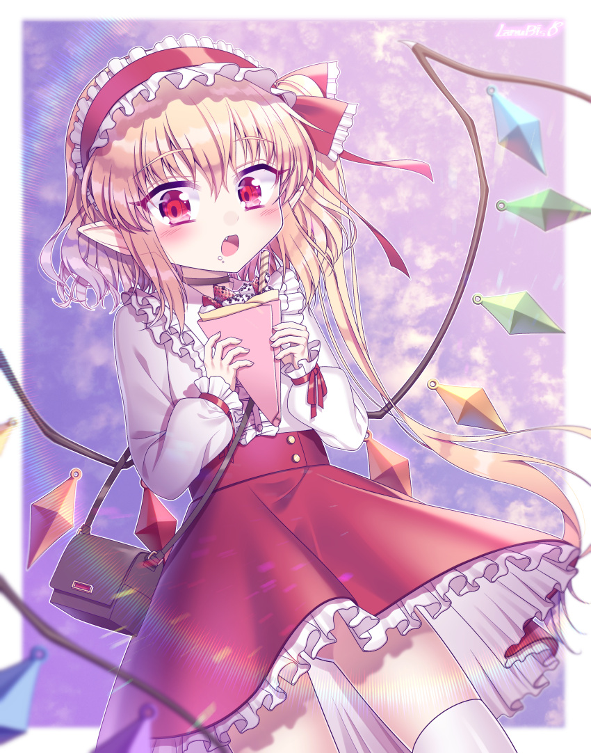 1girl absurdres alternate_costume artist_name bag bangs belt blonde_hair blurry_foreground blush border crepe crystal eating eyebrows_visible_through_hair fang flandre_scarlet food frilled_hairband frilled_skirt frills gradient gradient_background hair_between_eyes hairband highres holding holding_food lanubis lolita_hairband long_sleeves looking_at_viewer medium_hair open_mouth pointy_ears purple_background red_belt red_eyes red_hairband red_skirt shirt shoulder_bag side_ponytail signature skirt solo standing touhou white_border white_legwear white_shirt wings