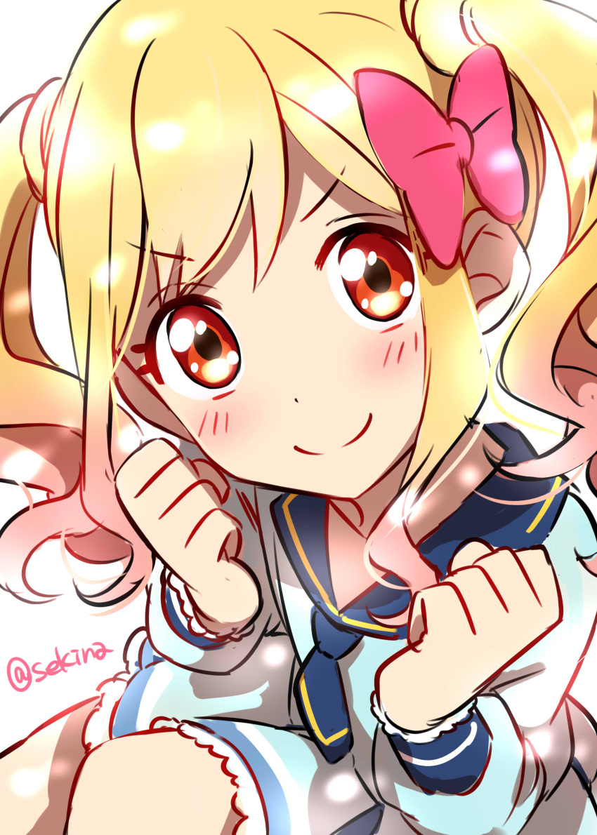&gt;:) 1girl absurdres aikatsu!_(series) aikatsu_stars! aqua_dress blonde_hair blue_neckwear clenched_hands close-up closed_mouth dot_nose dress gradient_hair hair_ribbon highres looking_at_viewer multicolored_hair necktie nijino_yume pink_ribbon red_eyes ribbon sekina simple_background smile solo twintails twitter_username v-shaped_eyebrows white_background
