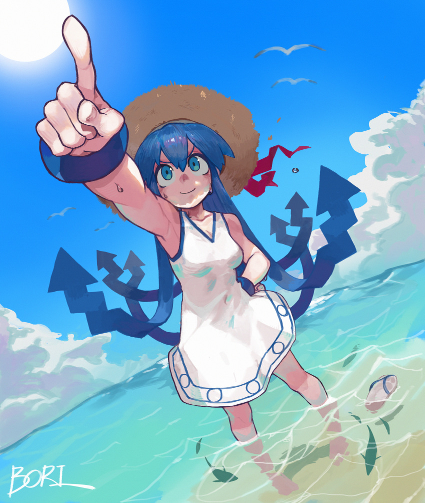 1girl absurdres afloat animal bangs bird blue_eyes blue_hair boridongja breasts clouds commentary day dress hand_on_hip hat highres ikamusume index_finger_raised long_hair medium_breasts outdoors photoshop_(medium) pointing sandals sandals_removed seagull shinryaku!_ikamusume signature sky sleeveless sleeveless_dress smile solo standing straw_hat sun sweat tentacle_hair tentacles wading water white_dress