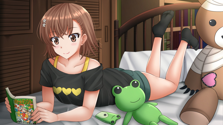 1girl bangs bare_legs bare_shoulders bed black_legwear black_shirt book bra_strap brown_eyes brown_hair cellphone commentary eyebrows_visible_through_hair flower gekota gen_3_pokemon grey_shorts hair_flower hair_ornament heart heart_print highres holding holding_book indoors kazenokaze lying may_(pokemon) minun off-shoulder_shirt off_shoulder official_alternate_costume on_stomach phone pillow pokemon shirt short_hair short_shorts short_sleeves shorts smartphone smile socks solo stuffed_animal stuffed_toy teddy_bear thighs to_aru_kagaku_no_railgun to_aru_majutsu_no_index