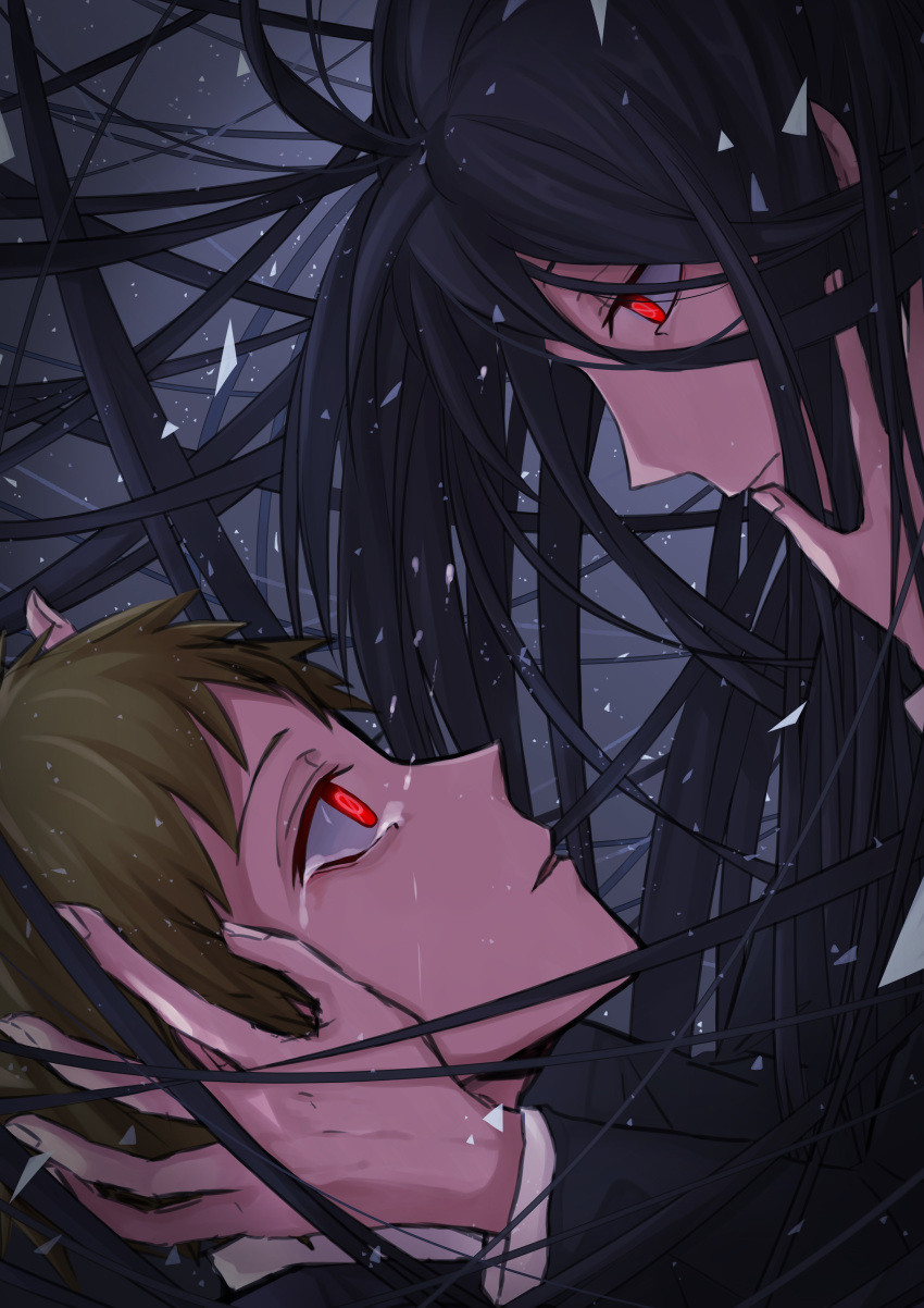 2boys absurdly_long_hair absurdres black_hair brown_hair chen_yan crying crying_with_eyes_open dangan_ronpa dual_persona expressionless eye_contact formal hand_on_another's_head highres hinata_hajime kamukura_izuru light_particles long_hair long_sleeves looking_at_another male_focus messy_hair multiple_boys parted_lips red_eyes short_hair spoilers suit super_dangan_ronpa_2 tears very_long_hair