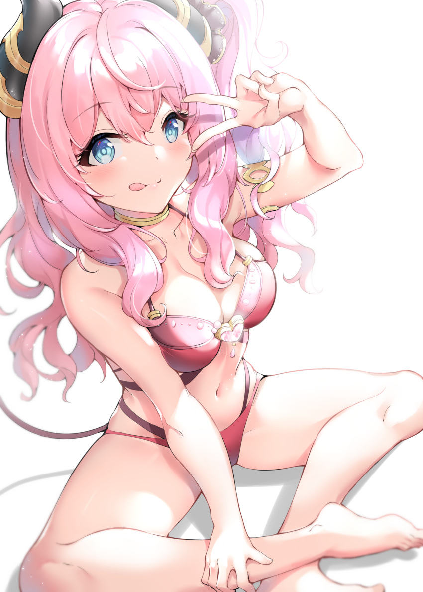 1girl :p absurdres armlet barefoot bikini blue_eyes blush choker hand_on_leg highres horn_ornament horns indian_style long_hair pink_hair princess_connect! princess_connect!_re:dive sitting suzuna_(princess_connect!) swimsuit tongue tongue_out v wavy_hair xin_(zinc)