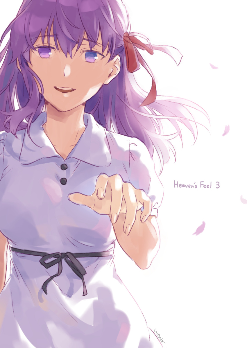 1girl :d bangs black_ribbon collarbone collared_dress dress eyebrows_visible_through_hair fate/stay_night fate_(series) floating_hair hair_between_eyes hair_ribbon heaven's_feel highres ikeine_2z long_hair looking_at_viewer matou_sakura open_mouth petals purple_hair red_ribbon rei_no_himo ribbon short_sleeves sketch smile solo standing sundress violet_eyes white_background white_dress wing_collar