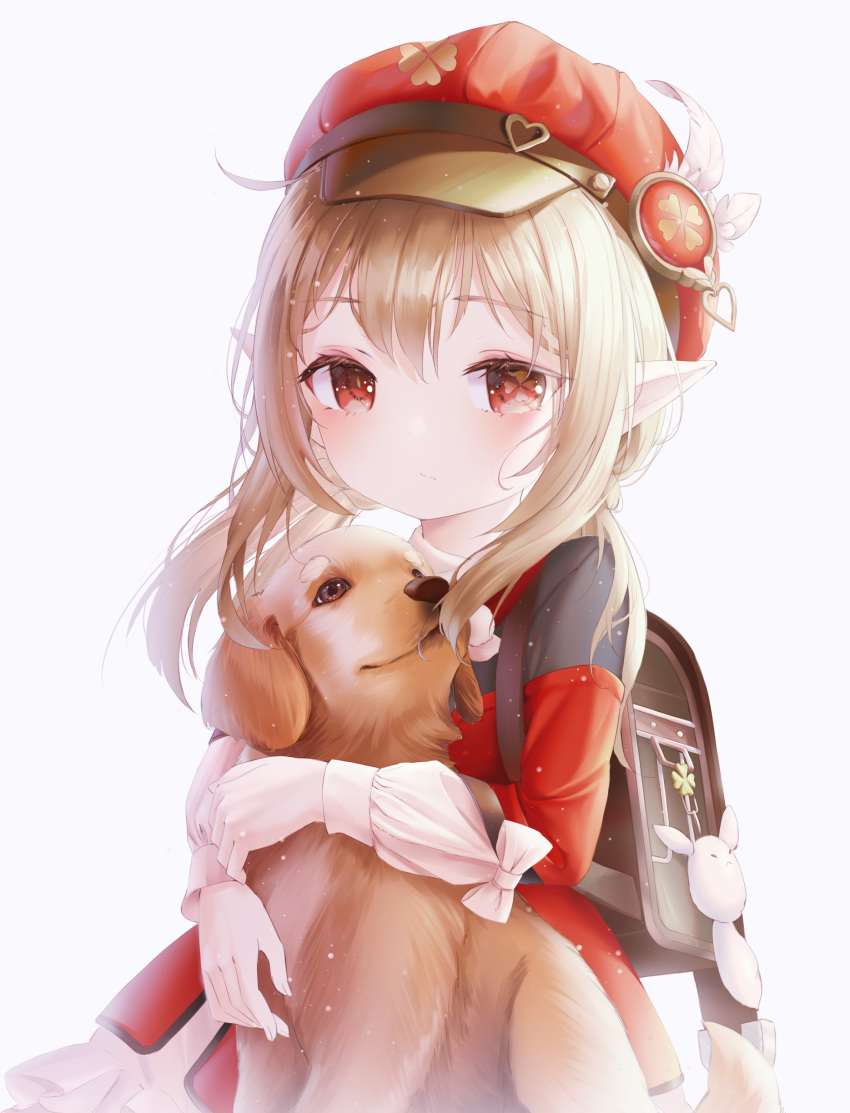 1girl absurdres amaroku_neko animal animal_hug backpack bag bag_charm bangs blonde_hair blush bow brown_bag charm_(object) commentary_request dog dress expressionless genshin_impact hat heart highres klee_(genshin_impact) long_hair long_sleeves looking_at_viewer pointy_ears red_dress red_eyes red_headwear smile solo twintails upper_body white_bow