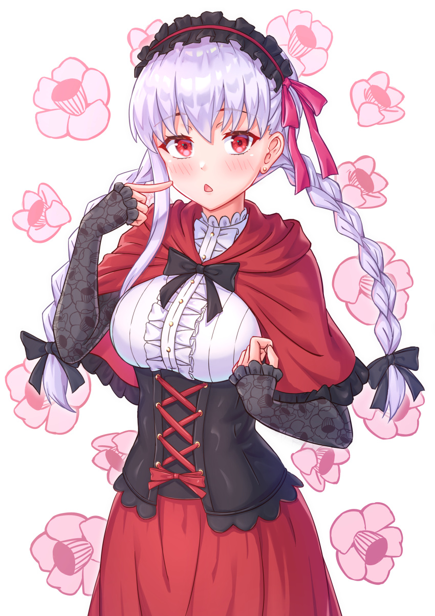 1girl absurdres bangs blush braid breasts cape capelet corset fate/grand_order fate_(series) frilled_hairband frills hair_ribbon hairband halloween_costume highres hood hooded_cape kama_(fate/grand_order) large_breasts long_hair long_sleeves looking_at_viewer pink_ribbon red_capelet red_eyes red_skirt ribbon silver_hair skirt sky twin_braids yue_zi